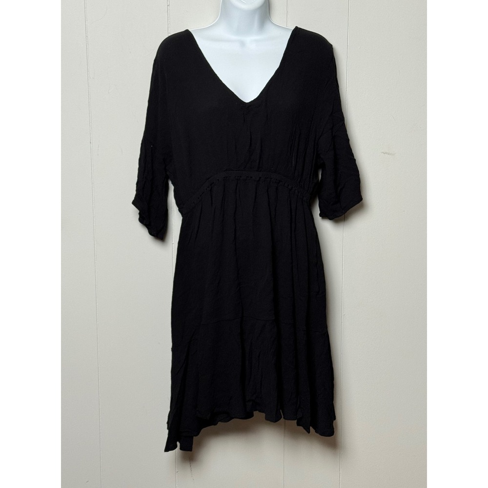 Raisins Curve Womens Black V-Neck Open Back Rayon Boho Swim Cover Up Dress Sz 1X